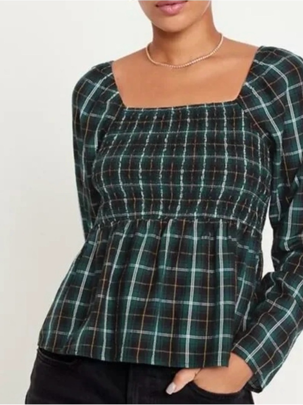 Old Navy Dark Green Plaid Smocked Peplum Blouse Size XL